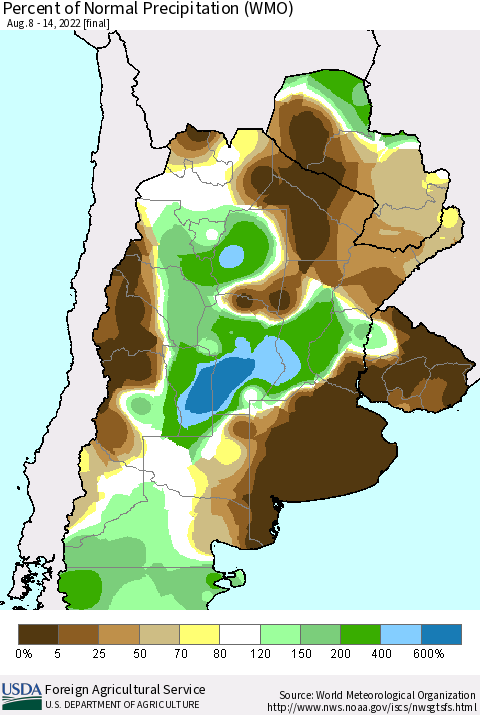 Southern South America Percent of Normal Precipitation (WMO) Thematic Map For 8/8/2022 - 8/14/2022