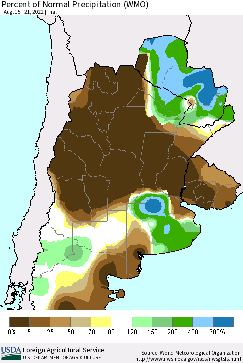 Southern South America Percent of Normal Precipitation (WMO) Thematic Map For 8/15/2022 - 8/21/2022