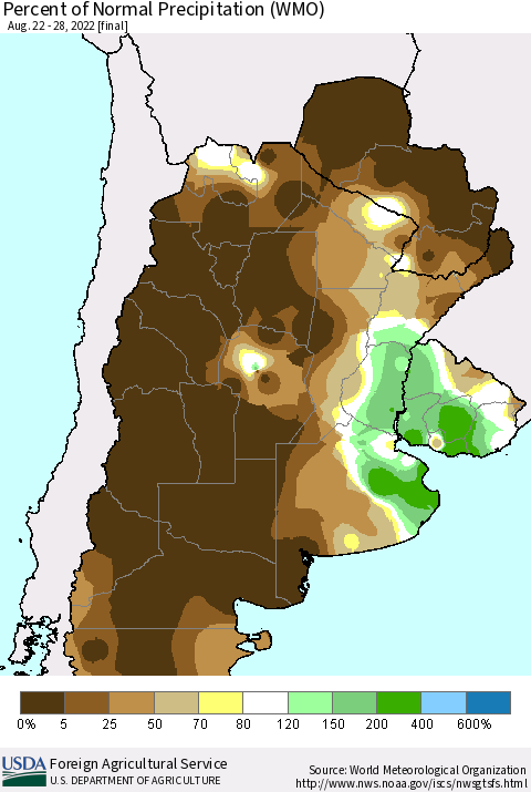 Southern South America Percent of Normal Precipitation (WMO) Thematic Map For 8/22/2022 - 8/28/2022