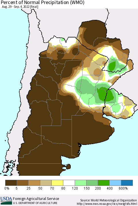 Southern South America Percent of Normal Precipitation (WMO) Thematic Map For 8/29/2022 - 9/4/2022