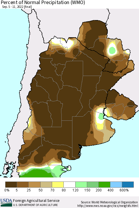 Southern South America Percent of Normal Precipitation (WMO) Thematic Map For 9/5/2022 - 9/11/2022