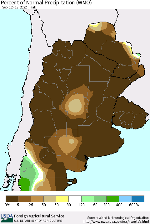 Southern South America Percent of Normal Precipitation (WMO) Thematic Map For 9/12/2022 - 9/18/2022