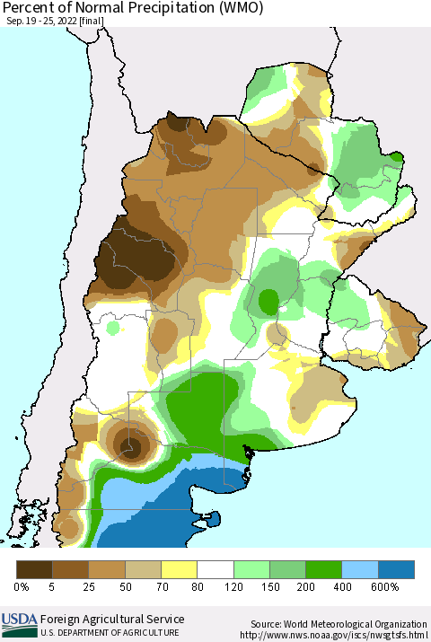 Southern South America Percent of Normal Precipitation (WMO) Thematic Map For 9/19/2022 - 9/25/2022