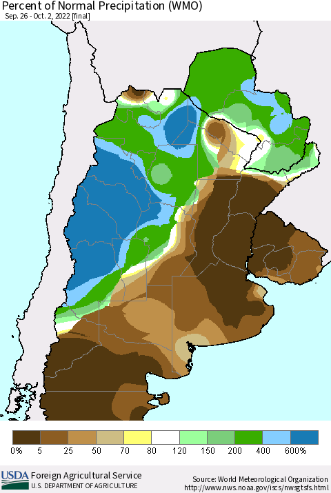 Southern South America Percent of Normal Precipitation (WMO) Thematic Map For 9/26/2022 - 10/2/2022