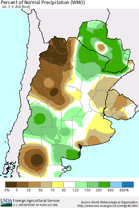 Southern South America Percent of Normal Precipitation (WMO) Thematic Map For 10/3/2022 - 10/9/2022