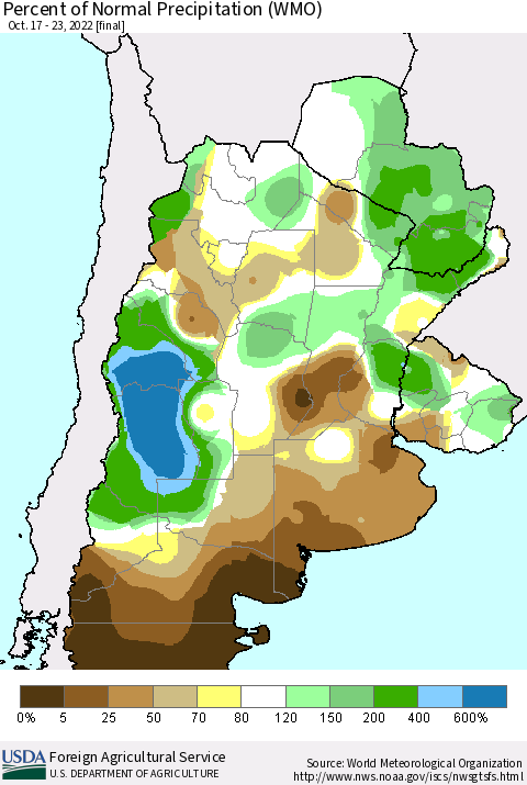 Southern South America Percent of Normal Precipitation (WMO) Thematic Map For 10/17/2022 - 10/23/2022