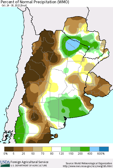Southern South America Percent of Normal Precipitation (WMO) Thematic Map For 10/24/2022 - 10/30/2022