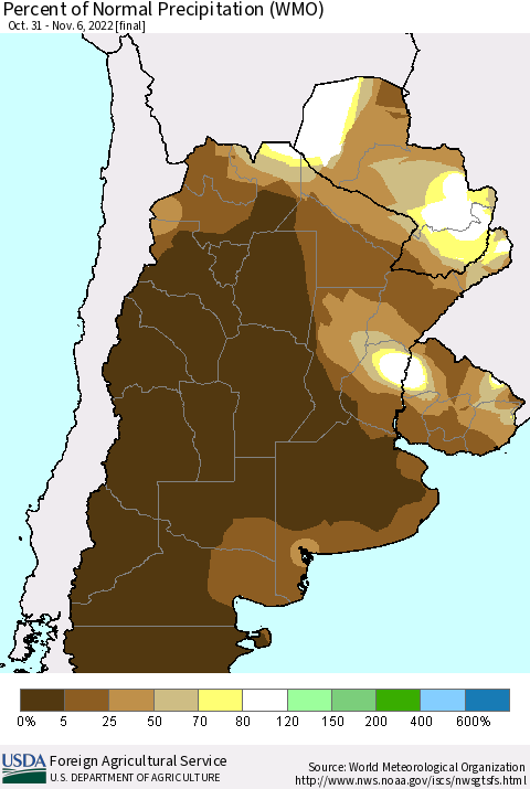 Southern South America Percent of Normal Precipitation (WMO) Thematic Map For 10/31/2022 - 11/6/2022