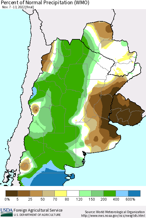 Southern South America Percent of Normal Precipitation (WMO) Thematic Map For 11/7/2022 - 11/13/2022