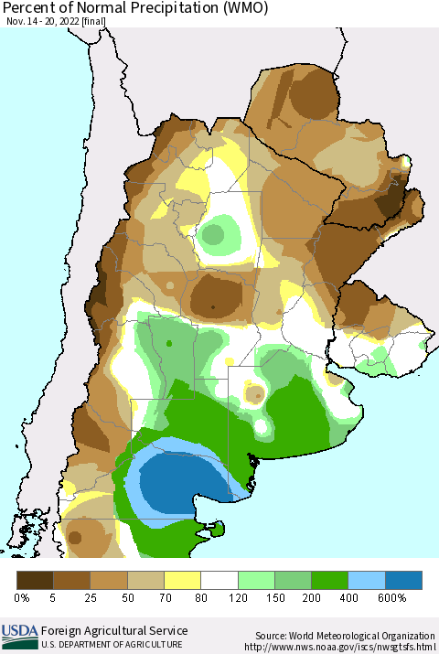 Southern South America Percent of Normal Precipitation (WMO) Thematic Map For 11/14/2022 - 11/20/2022