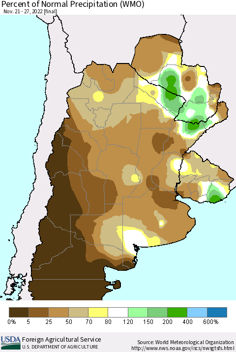 Southern South America Percent of Normal Precipitation (WMO) Thematic Map For 11/21/2022 - 11/27/2022