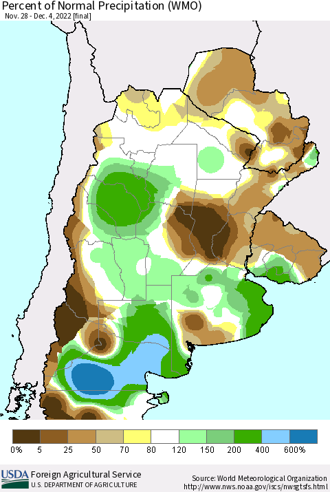 Southern South America Percent of Normal Precipitation (WMO) Thematic Map For 11/28/2022 - 12/4/2022
