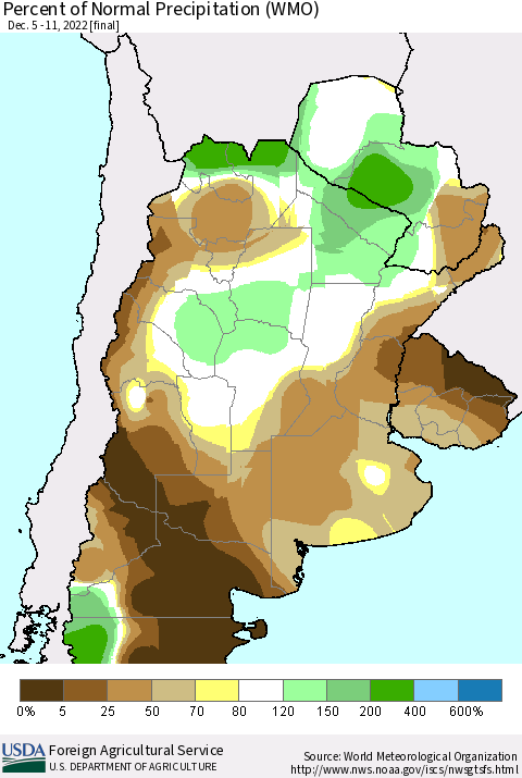 Southern South America Percent of Normal Precipitation (WMO) Thematic Map For 12/5/2022 - 12/11/2022