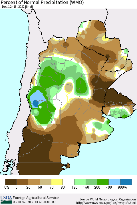 Southern South America Percent of Normal Precipitation (WMO) Thematic Map For 12/12/2022 - 12/18/2022