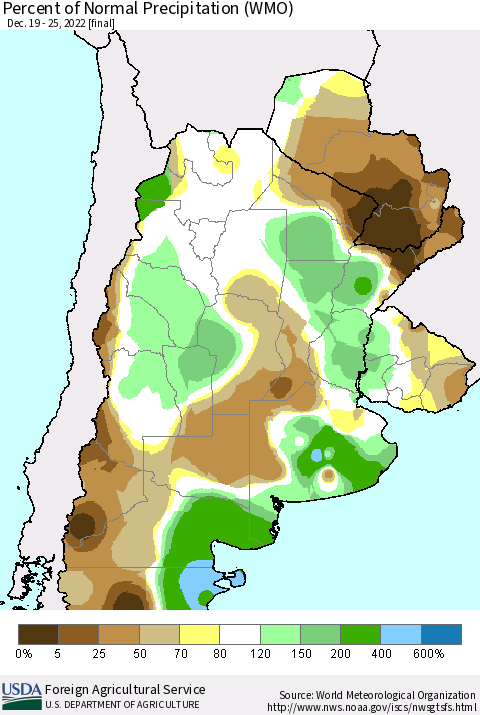Southern South America Percent of Normal Precipitation (WMO) Thematic Map For 12/19/2022 - 12/25/2022