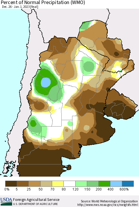 Southern South America Percent of Normal Precipitation (WMO) Thematic Map For 12/26/2022 - 1/1/2023