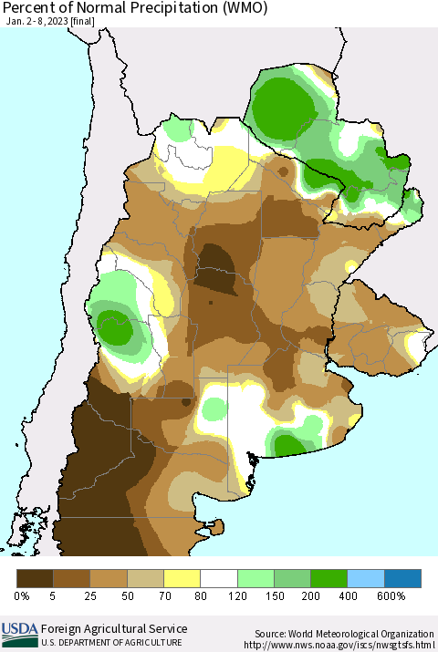 Southern South America Percent of Normal Precipitation (WMO) Thematic Map For 1/2/2023 - 1/8/2023