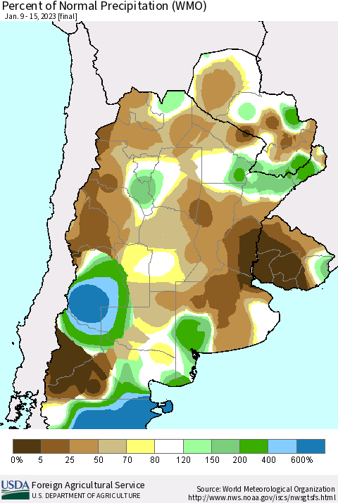 Southern South America Percent of Normal Precipitation (WMO) Thematic Map For 1/9/2023 - 1/15/2023