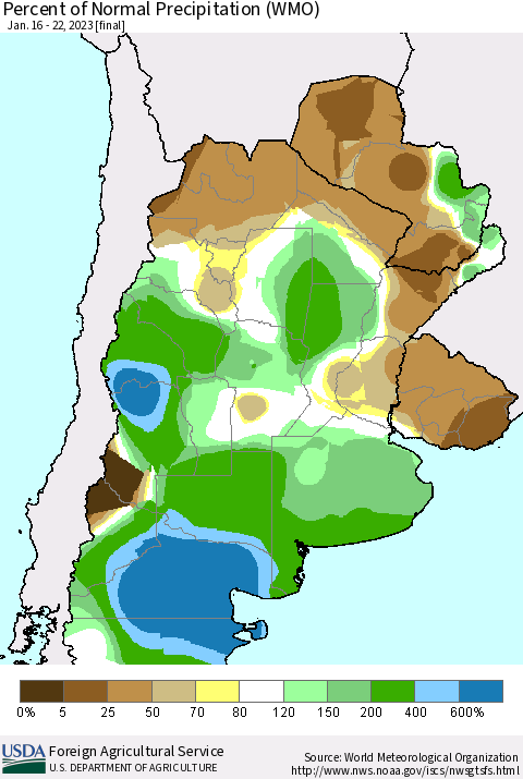 Southern South America Percent of Normal Precipitation (WMO) Thematic Map For 1/16/2023 - 1/22/2023