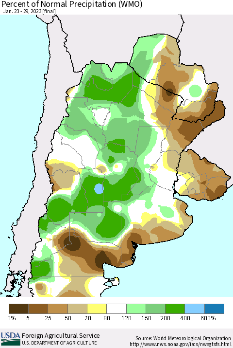 Southern South America Percent of Normal Precipitation (WMO) Thematic Map For 1/23/2023 - 1/29/2023