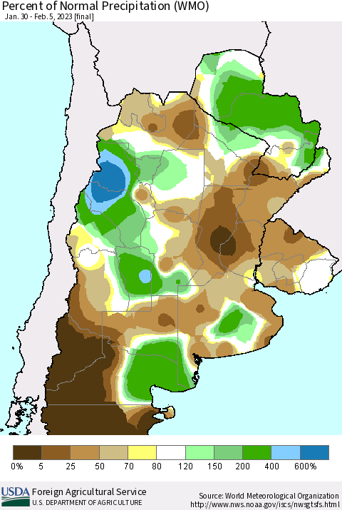 Southern South America Percent of Normal Precipitation (WMO) Thematic Map For 1/30/2023 - 2/5/2023