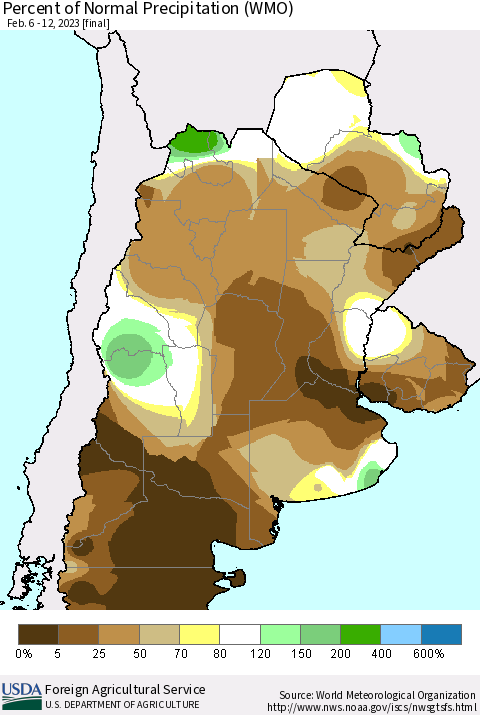Southern South America Percent of Normal Precipitation (WMO) Thematic Map For 2/6/2023 - 2/12/2023