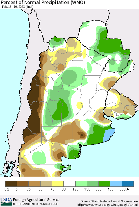 Southern South America Percent of Normal Precipitation (WMO) Thematic Map For 2/13/2023 - 2/19/2023