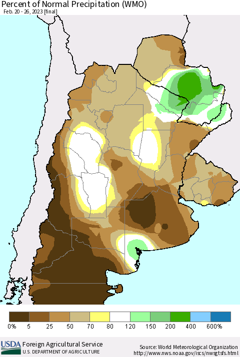 Southern South America Percent of Normal Precipitation (WMO) Thematic Map For 2/20/2023 - 2/26/2023