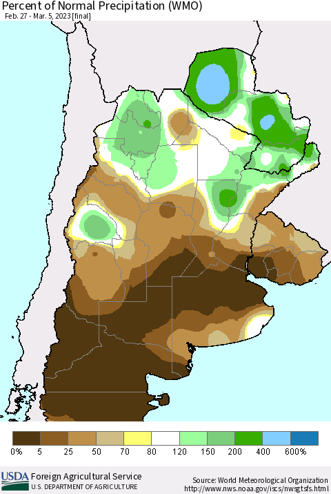Southern South America Percent of Normal Precipitation (WMO) Thematic Map For 2/27/2023 - 3/5/2023
