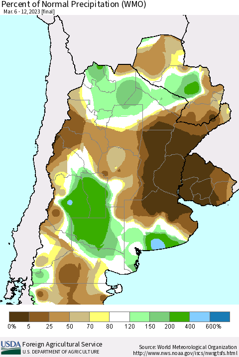 Southern South America Percent of Normal Precipitation (WMO) Thematic Map For 3/6/2023 - 3/12/2023