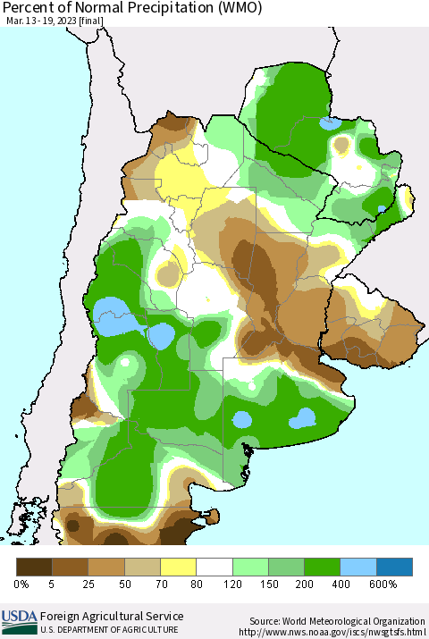 Southern South America Percent of Normal Precipitation (WMO) Thematic Map For 3/13/2023 - 3/19/2023