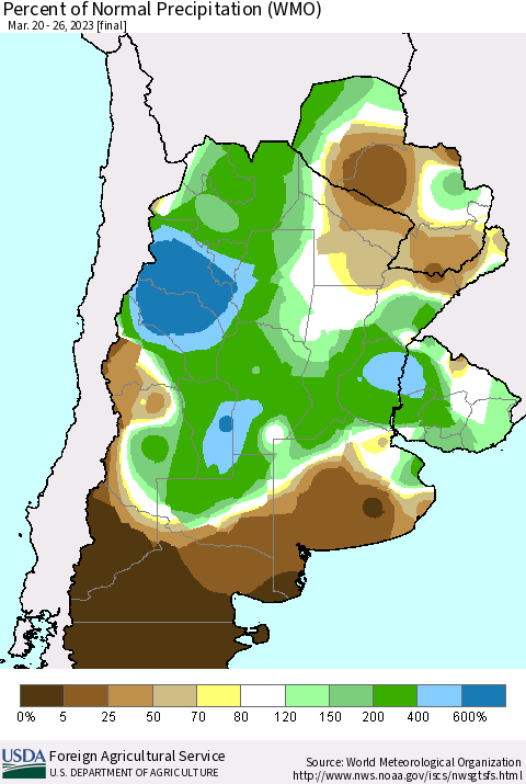 Southern South America Percent of Normal Precipitation (WMO) Thematic Map For 3/20/2023 - 3/26/2023