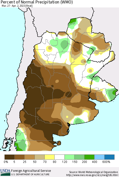 Southern South America Percent of Normal Precipitation (WMO) Thematic Map For 3/27/2023 - 4/2/2023