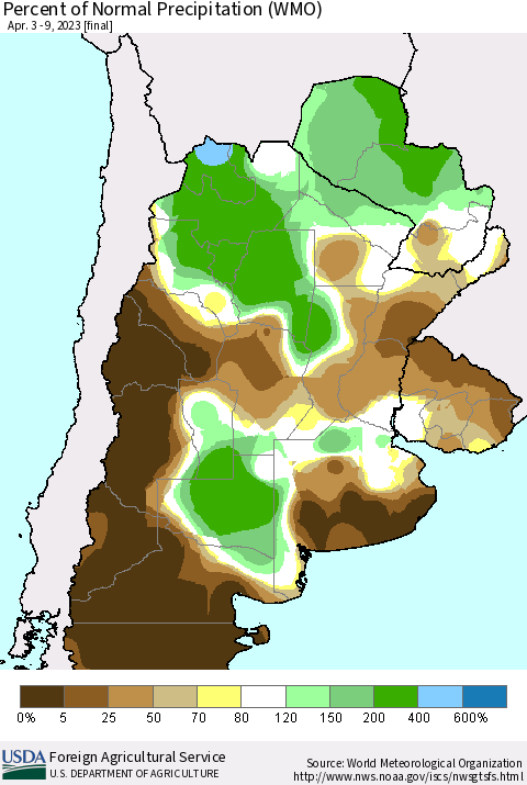 Southern South America Percent of Normal Precipitation (WMO) Thematic Map For 4/3/2023 - 4/9/2023