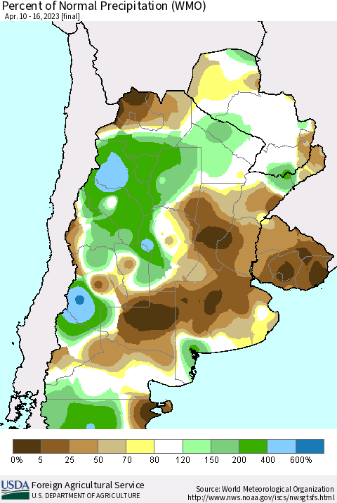 Southern South America Percent of Normal Precipitation (WMO) Thematic Map For 4/10/2023 - 4/16/2023