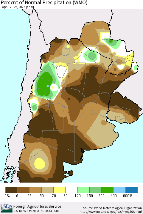 Southern South America Percent of Normal Precipitation (WMO) Thematic Map For 4/17/2023 - 4/23/2023