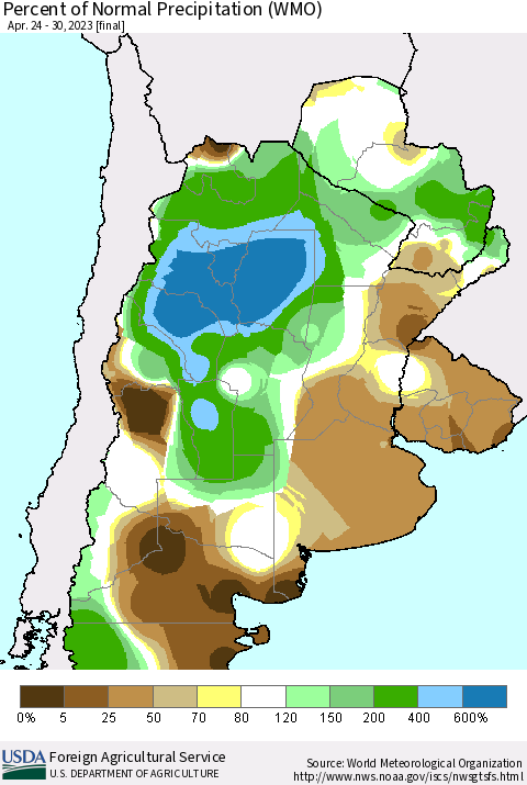 Southern South America Percent of Normal Precipitation (WMO) Thematic Map For 4/24/2023 - 4/30/2023