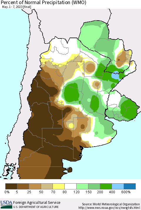 Southern South America Percent of Normal Precipitation (WMO) Thematic Map For 5/1/2023 - 5/7/2023