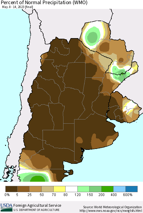 Southern South America Percent of Normal Precipitation (WMO) Thematic Map For 5/8/2023 - 5/14/2023