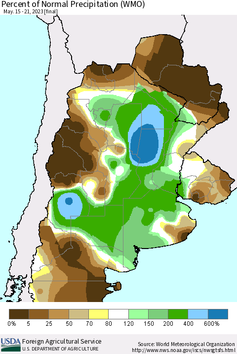 Southern South America Percent of Normal Precipitation (WMO) Thematic Map For 5/15/2023 - 5/21/2023