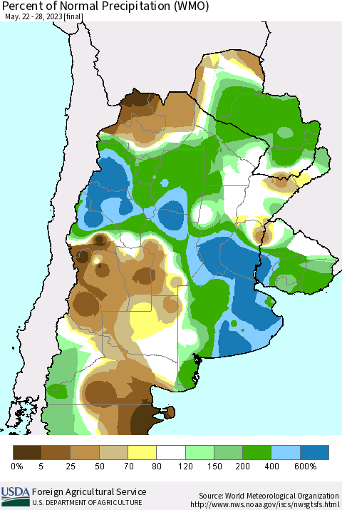 Southern South America Percent of Normal Precipitation (WMO) Thematic Map For 5/22/2023 - 5/28/2023
