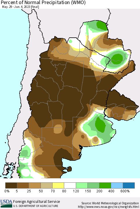 Southern South America Percent of Normal Precipitation (WMO) Thematic Map For 5/29/2023 - 6/4/2023