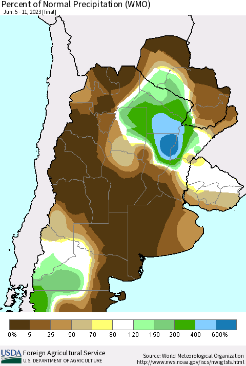 Southern South America Percent of Normal Precipitation (WMO) Thematic Map For 6/5/2023 - 6/11/2023