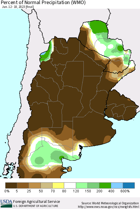 Southern South America Percent of Normal Precipitation (WMO) Thematic Map For 6/12/2023 - 6/18/2023