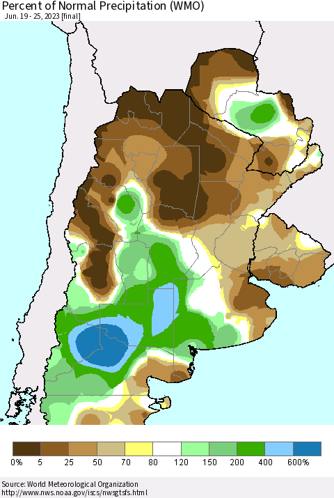Southern South America Percent of Normal Precipitation (WMO) Thematic Map For 6/19/2023 - 6/25/2023