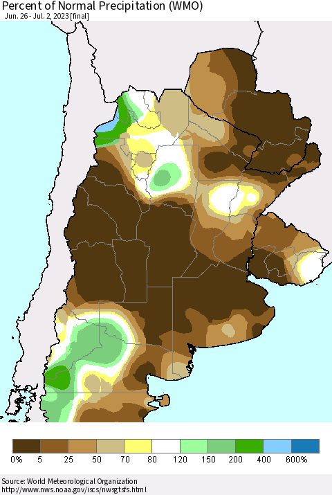Southern South America Percent of Normal Precipitation (WMO) Thematic Map For 6/26/2023 - 7/2/2023