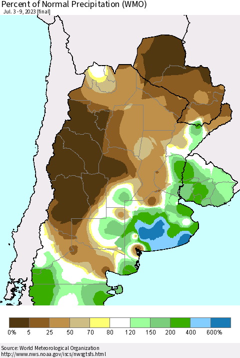 Southern South America Percent of Normal Precipitation (WMO) Thematic Map For 7/3/2023 - 7/9/2023