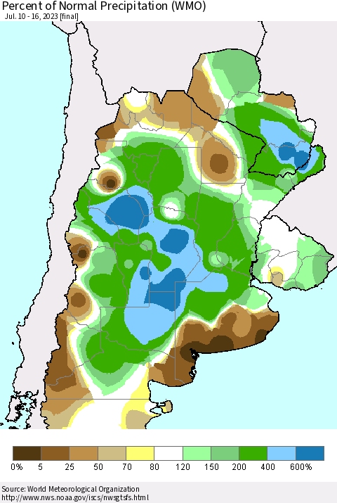 Southern South America Percent of Normal Precipitation (WMO) Thematic Map For 7/10/2023 - 7/16/2023