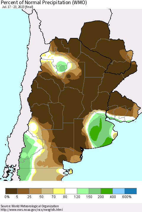 Southern South America Percent of Normal Precipitation (WMO) Thematic Map For 7/17/2023 - 7/23/2023