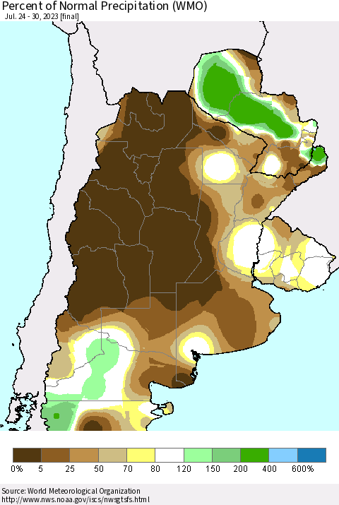 Southern South America Percent of Normal Precipitation (WMO) Thematic Map For 7/24/2023 - 7/30/2023